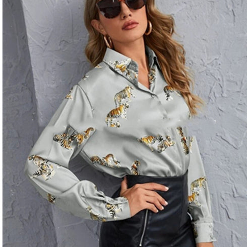Tiger Pattern Printed Long-Sleeved Shirt Top Women - ROUTINE FASHION