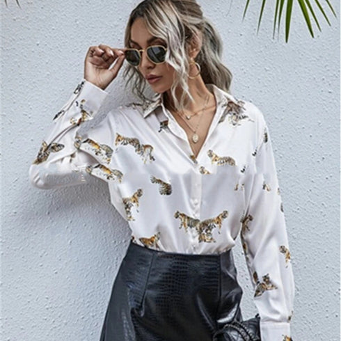 Tiger Pattern Printed Long-Sleeved Shirt Top Women - ROUTINE FASHION