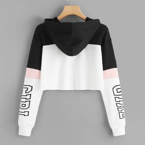 Crop Top Hoodie Sweatshirt Hoodies Women Patchwork Lett - ROUTINE FASHION