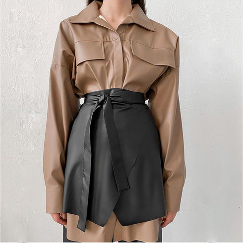 Pure Color Strappy Fashion Leather Skirt Waist Skirt - ROUTINE FASHION
