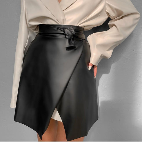 Pure Color Strappy Fashion Leather Skirt Waist Skirt - ROUTINE FASHION