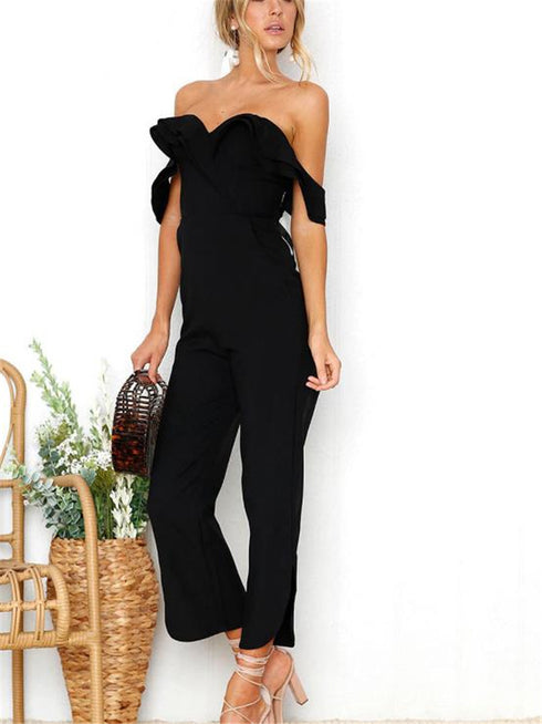 Women's Solid Jumpsuit With Open Shoulders - ROUTINE FASHION