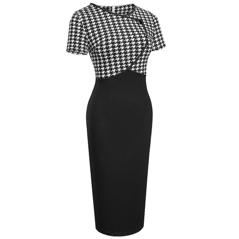 Houndstooth Stitching Commuter Slim Bag Hip Pencil Skirt - ROUTINE FASHION