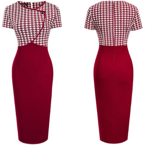 Houndstooth Stitching Commuter Slim Bag Hip Pencil Skirt - ROUTINE FASHION