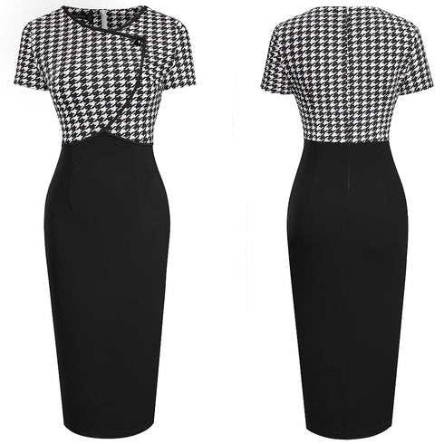 Houndstooth Stitching Commuter Slim Bag Hip Pencil Skirt - ROUTINE FASHION