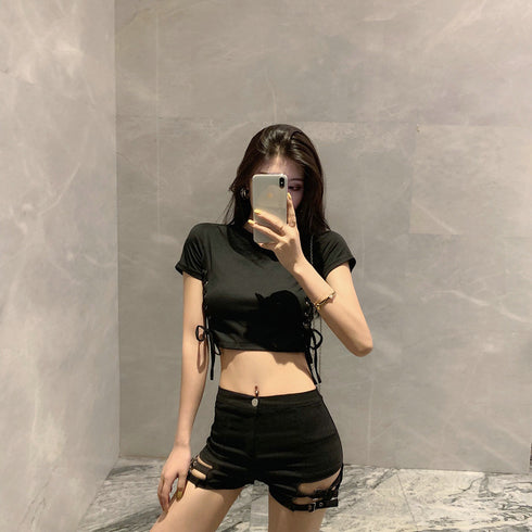 Double Buckle Design High Waist Stretch Tight Shorts For Women - ROUTINE FASHION
