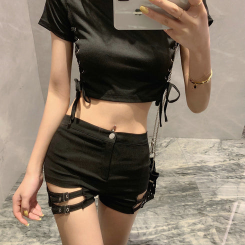 Double Buckle Design High Waist Stretch Tight Shorts For Women - ROUTINE FASHION