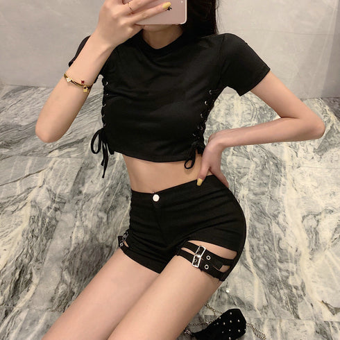 Double Buckle Design High Waist Stretch Tight Shorts For Women - ROUTINE FASHION