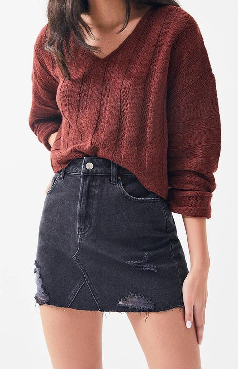 Ripped Elastic Denim Wrap Hip Skirt - ROUTINE FASHION