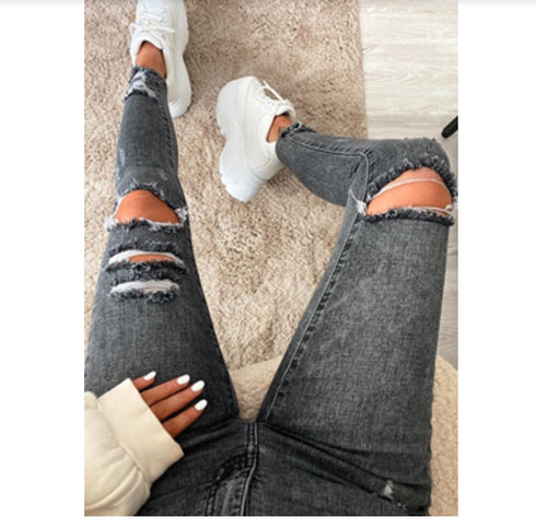 Ladies Ripped Stretch Jeans With Small Feet Ripped Jeans Women - ROUTINE FASHION