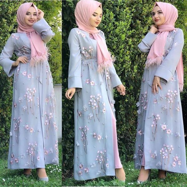 Muslim Print Abaya Kimono Floral Hijab Dress Arabic Dubai Af - ROUTINE FASHION