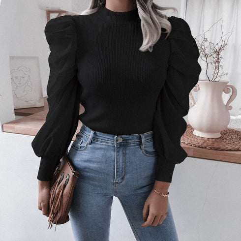 Blouse Women Puff Sleeve Knit Tops Streetwear T Shirt - ROUTINE FASHION