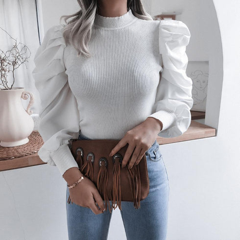 Blouse Women Puff Sleeve Knit Tops Streetwear T Shirt - ROUTINE FASHION