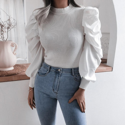 Blouse Women Puff Sleeve Knit Tops Streetwear T Shirt - ROUTINE FASHION