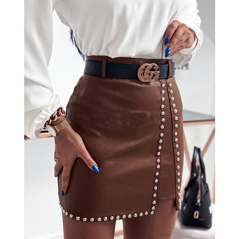 Elegant Fashion Rivets PU Leather Skirts Women - ROUTINE FASHION