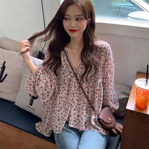 V-neck Puff Sleeve Flower Long-sleeved Chiffon Top - ROUTINE FASHION