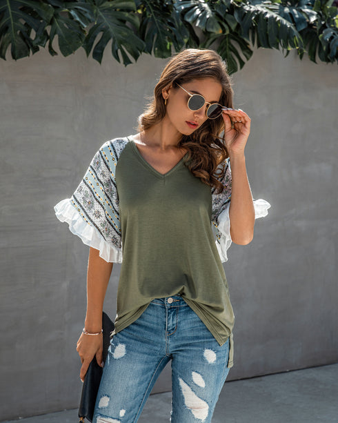 Stitched Chiffon Ruffled V-neck Blouse - ROUTINE FASHION