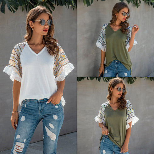 Stitched Chiffon Ruffled V-neck Blouse - ROUTINE FASHION