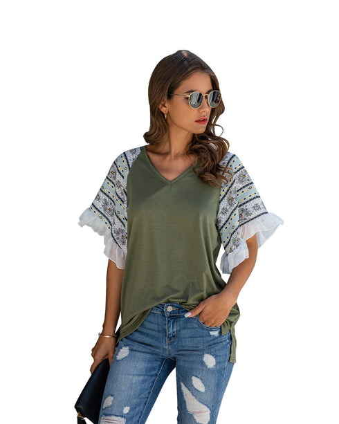 Stitched Chiffon Ruffled V-neck Blouse - ROUTINE FASHION