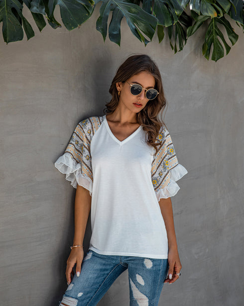 Stitched Chiffon Ruffled V-neck Blouse - ROUTINE FASHION