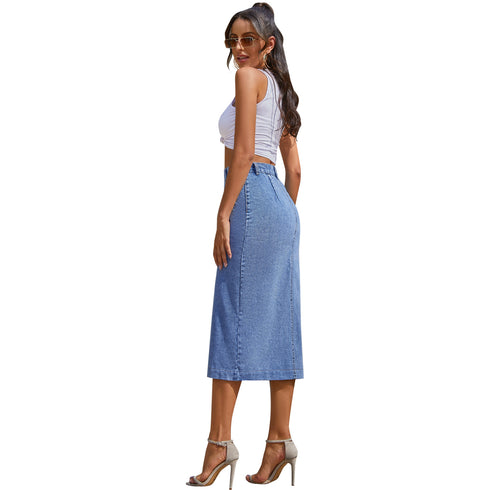 Button Irregular Slit denim High Waist Skirt - ROUTINE FASHION