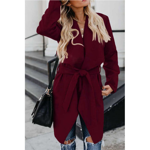 Lapel solid color long trench coat - ROUTINE FASHION
