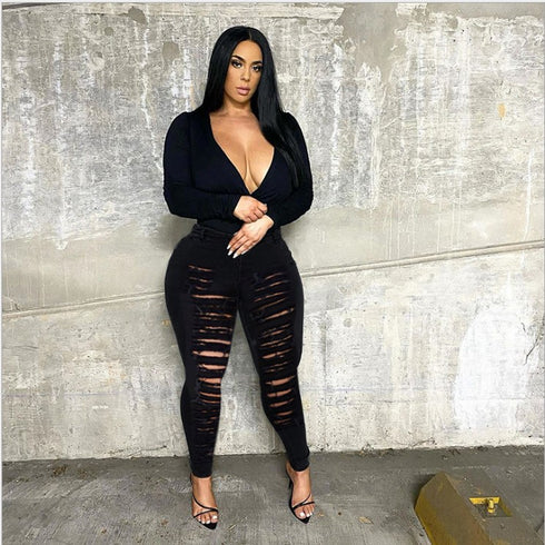 Black Cotton Skinny High-Waisted Jeans Women's High Stretch Pants - ROUTINE FASHION