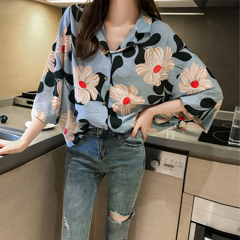 Loose Western Style Blouse Chiffon Sunscreen Shirt Retro Floral - ROUTINE FASHION