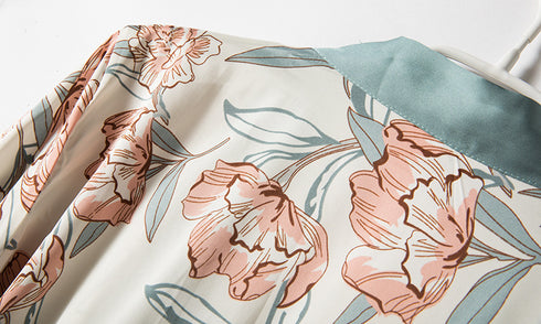 New Women Kimono Bathrobe Gown Satin Print Flower Sleepwear Homewear - ROUTINE FASHION