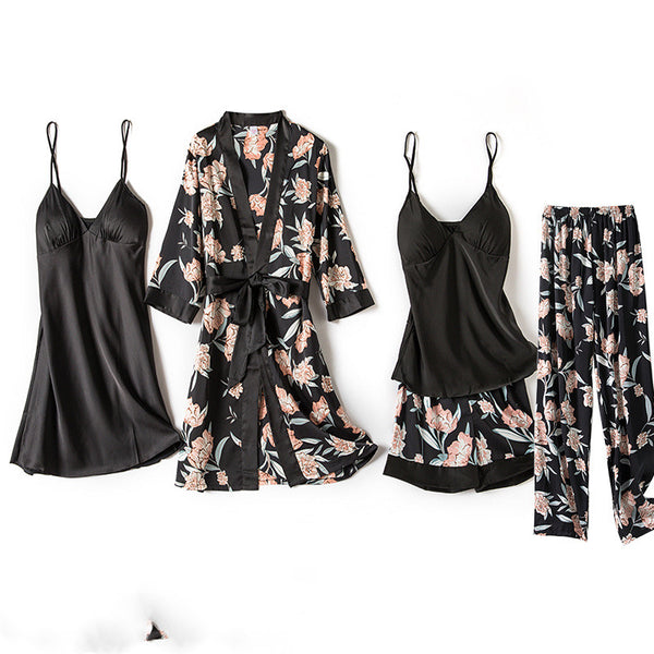 New Women Kimono Bathrobe Gown Satin Print Flower Sleepwear Homewear - ROUTINE FASHION