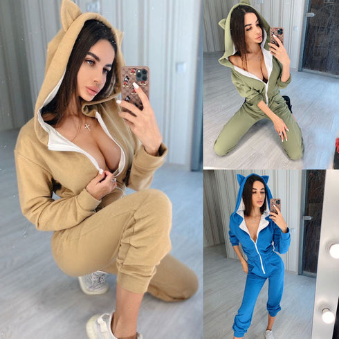Women Lounge Wear Cotton Solid Jumpsuit Sports Casual Rompers Female Long Sleeve Pocket - ROUTINE FASHION