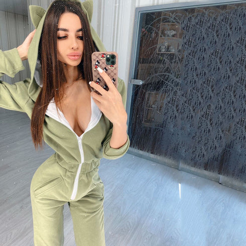 Women Lounge Wear Cotton Solid Jumpsuit Sports Casual Rompers Female Long Sleeve Pocket - ROUTINE FASHION
