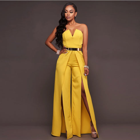 Hollow Long Jumpsuit Women Fashion Zipper Fitted Split Jumpsuit Elegant Breast Wide Leg Jumpsuit - ROUTINE FASHION