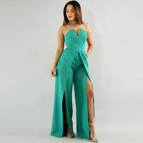 Hollow Long Jumpsuit Women Fashion Zipper Fitted Split Jumpsuit Elegant Breast Wide Leg Jumpsuit - ROUTINE FASHION