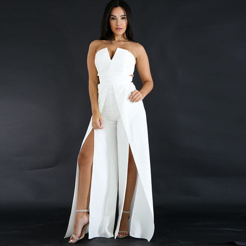 Hollow Long Jumpsuit Women Fashion Zipper Fitted Split Jumpsuit Elegant Breast Wide Leg Jumpsuit - ROUTINE FASHION