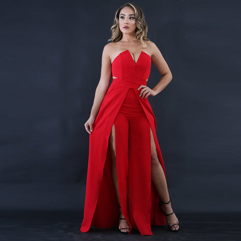 Hollow Long Jumpsuit Women Fashion Zipper Fitted Split Jumpsuit Elegant Breast Wide Leg Jumpsuit - ROUTINE FASHION