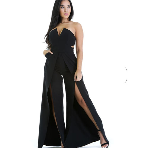 Hollow Long Jumpsuit Women Fashion Zipper Fitted Split Jumpsuit Elegant Breast Wide Leg Jumpsuit - ROUTINE FASHION