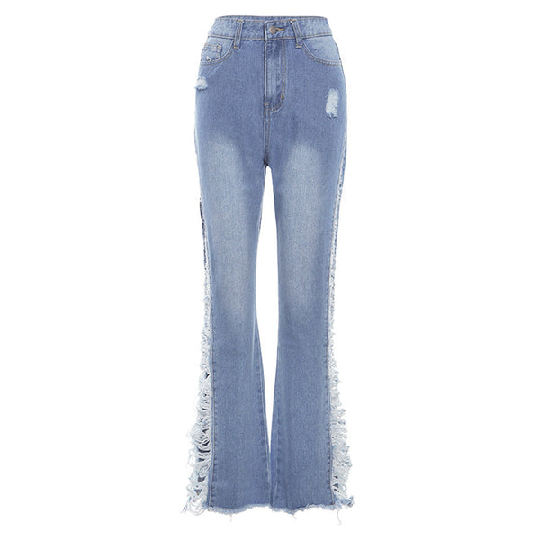 Fashion Ripped Casual Pants Bag Hip Contrast Frosted Bootcut Jeans - ROUTINE FASHION