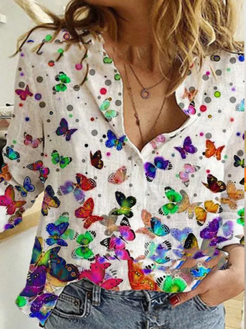 Fashion Printed Lapel Long Sleeved Shirt Blouse Women - ROUTINE FASHION