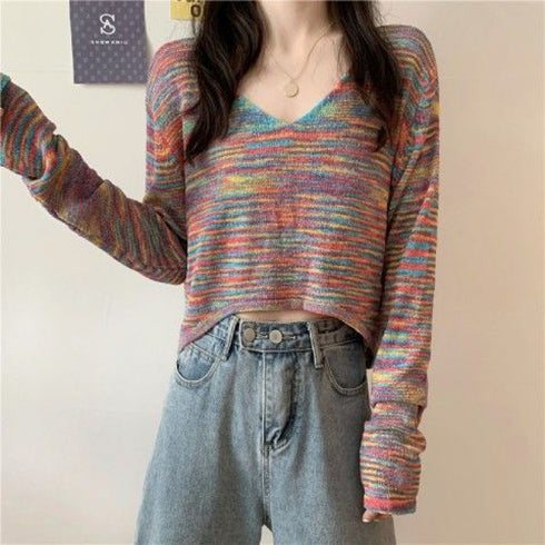 Women Fashion V Neck Tie-dyed Long Sleeve Crop Top - ROUTINE FASHION