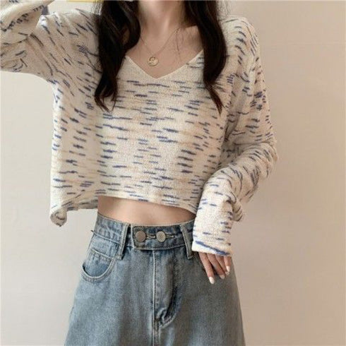 Women Fashion V Neck Tie-dyed Long Sleeve Crop Top - ROUTINE FASHION