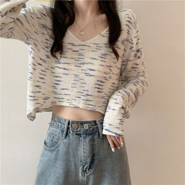 Women Fashion V Neck Tie-dyed Long Sleeve Crop Top - ROUTINE FASHION