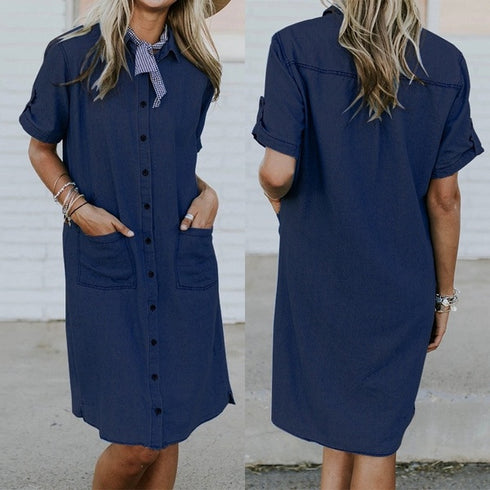 New Women's Solid Color Denim Pocket Denim Dress - ROUTINE FASHION