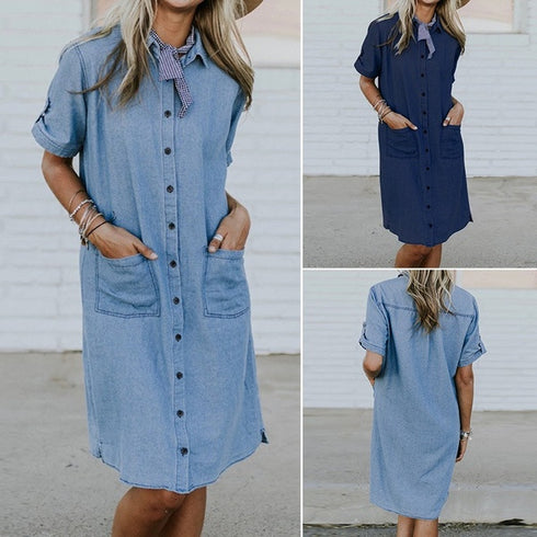 New Women's Solid Color Denim Pocket Denim Dress - ROUTINE FASHION