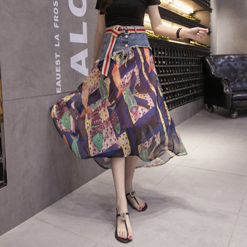 Mesh Stitching Denim Skirt Skirt - ROUTINE FASHION