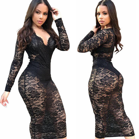 Lace Sexy Dress Dress V-neck Dress - ROUTINE FASHION