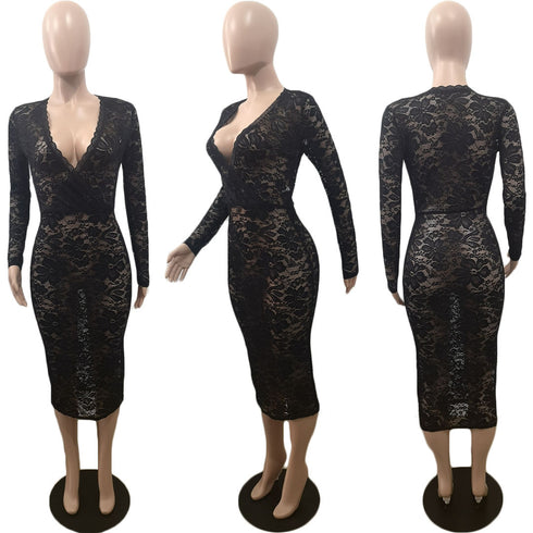 Lace Sexy Dress Dress V-neck Dress - ROUTINE FASHION