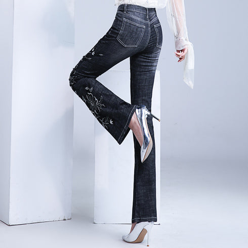 Women's Embroidered Bootcut Jeans High Waist Slim Fit Flared Trousers - ROUTINE FASHION