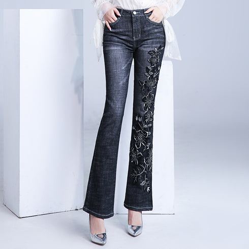 Women's Embroidered Bootcut Jeans High Waist Slim Fit Flared Trousers - ROUTINE FASHION