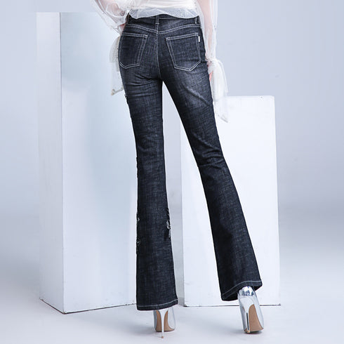 Women's Embroidered Bootcut Jeans High Waist Slim Fit Flared Trousers - ROUTINE FASHION